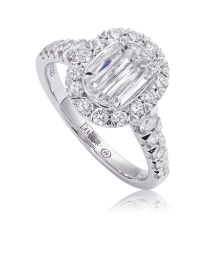 Elegant engagement ring with round diamond setting in 18K white gold.